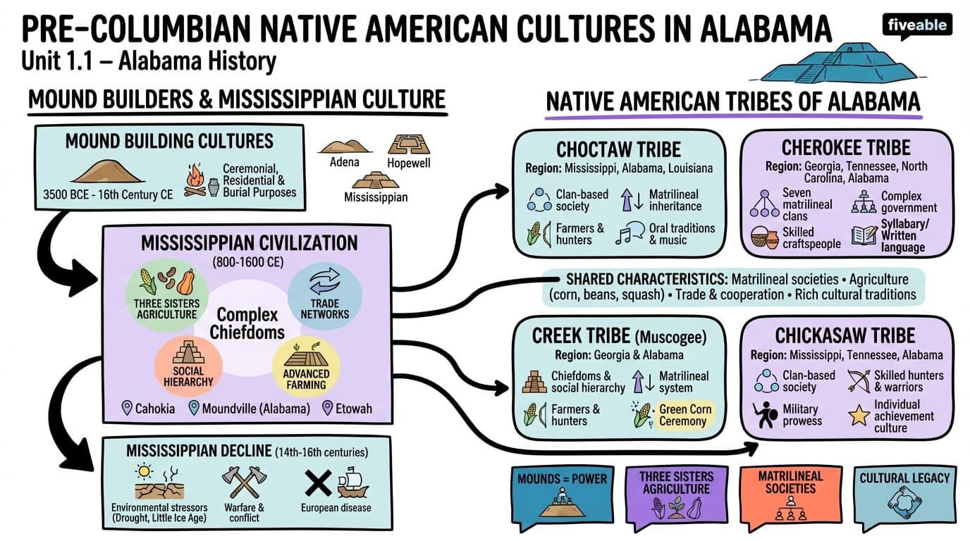 1.1 Pre-Columbian Native American cultures in Alabama - Alabama History - Unit 1 visual cheatsheet