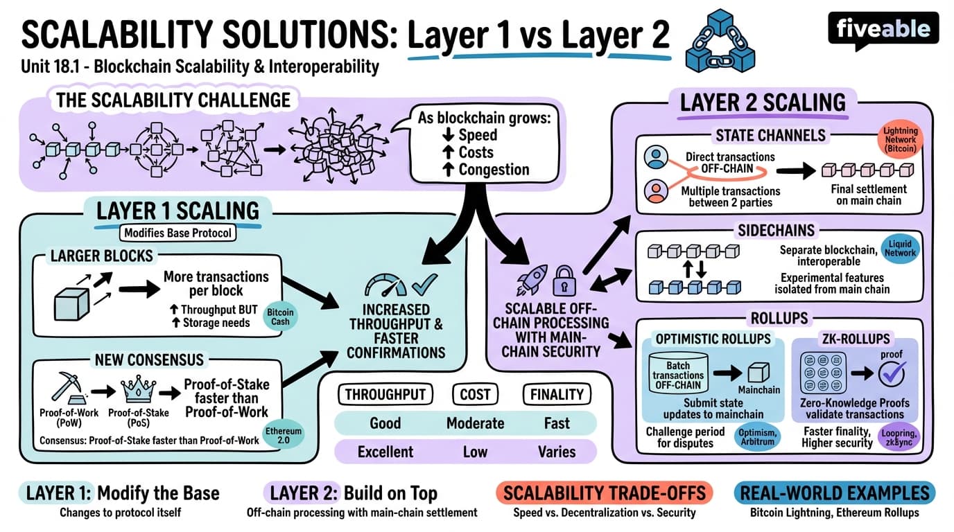 18.1 Scalability Solutions: Layer 1 and Layer 2 - Blockchain and Cryptocurrency - Unit 18 visual cheatsheet