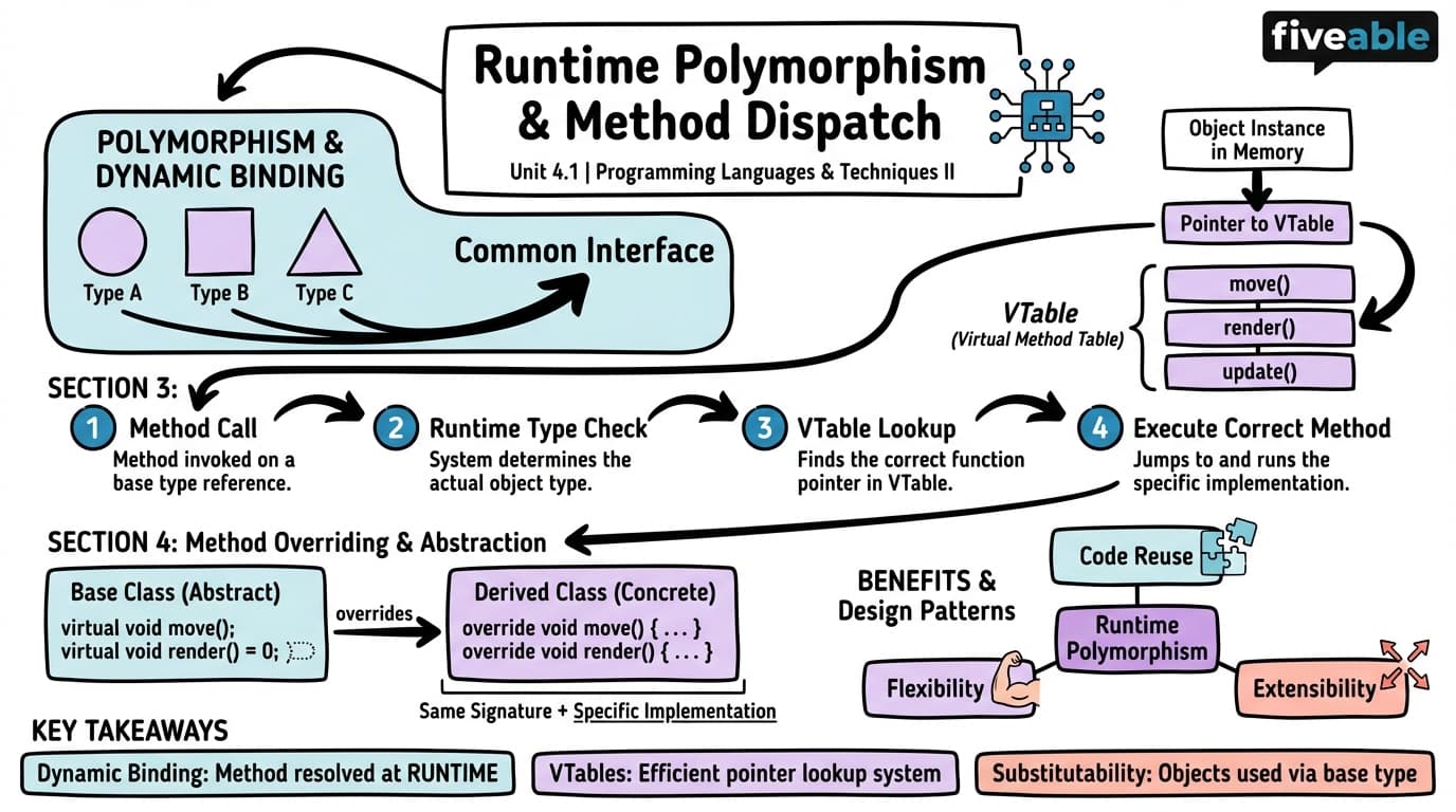 4.1 Runtime Polymorphism and Method Dispatch - Programming Languages and Techniques II - Unit 4 visual cheatsheet