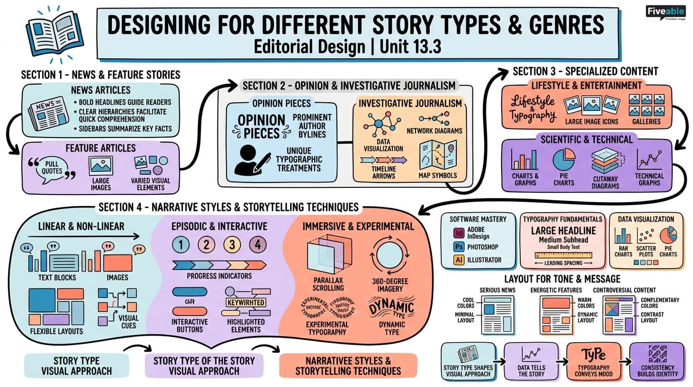 13.3 Designing for Different Story Types and Genres - Editorial Design - Unit 13 visual cheatsheet