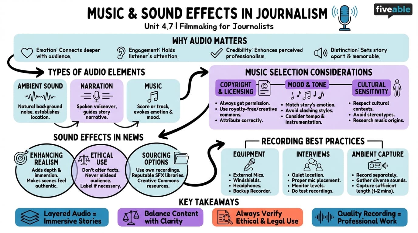 4.7 Music and sound effects in journalism - Filmmaking for Journalists - Unit 4 visual cheatsheet