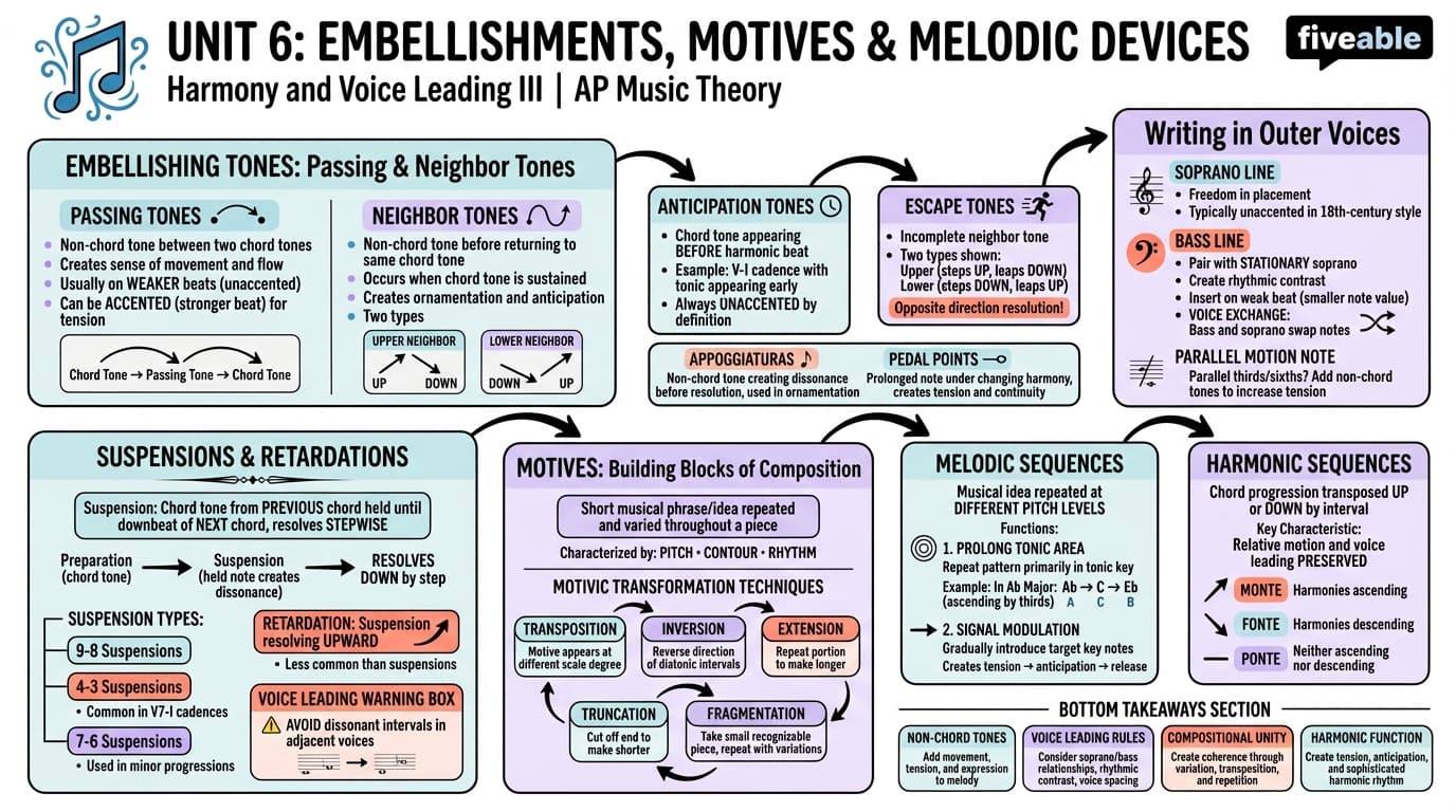 Unit 6 Overview: Harmony and Voice Leading III (Embellishments, Motives, and Melodic Devices) - AP Music Theory - Unit 6 visual cheatsheet
