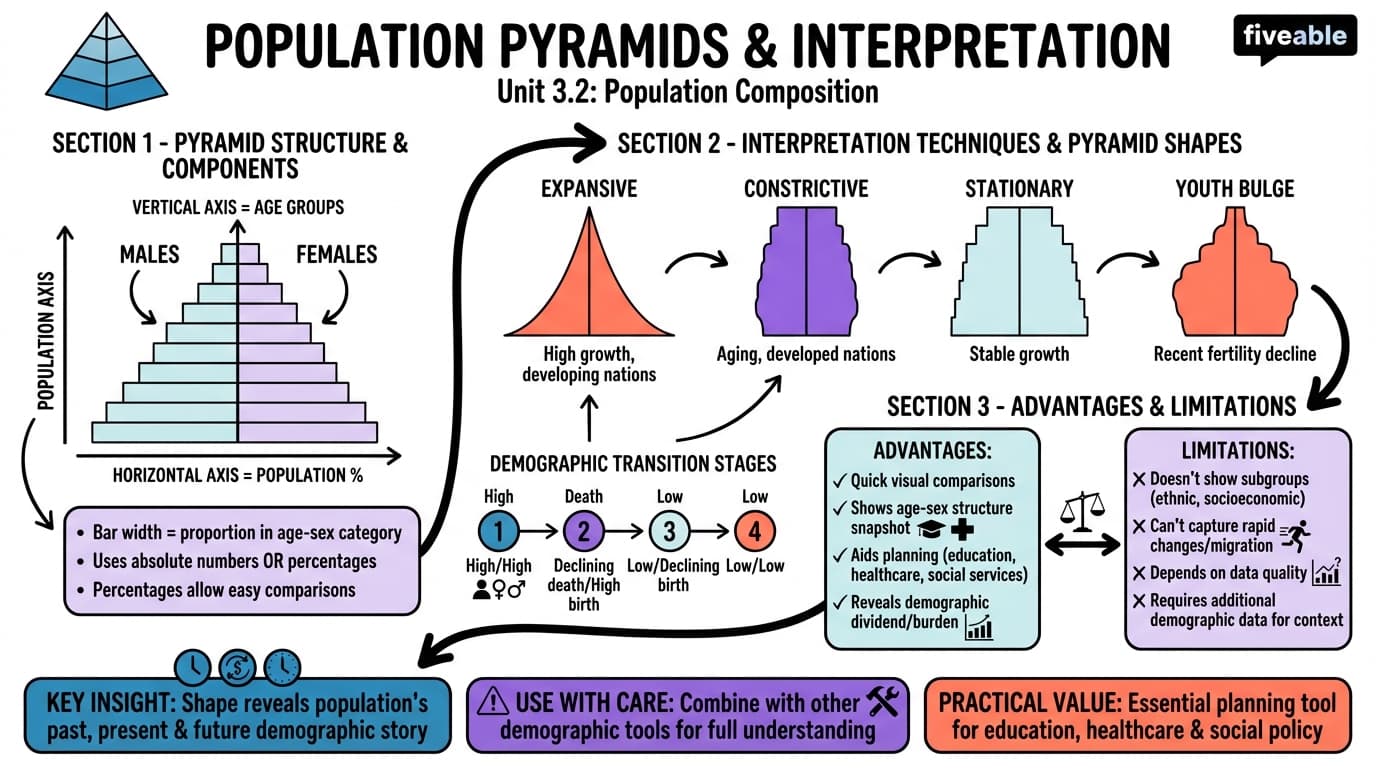 3.2 Population pyramids and their interpretation - Population and Society - Unit 3 visual cheatsheet