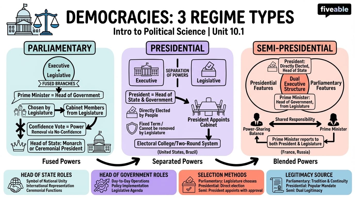 10.1 Democracies: Parliamentary, Presidential, and Semi-Presidential Regimes - Intro to Political Science - Unit 10 visual cheatsheet
