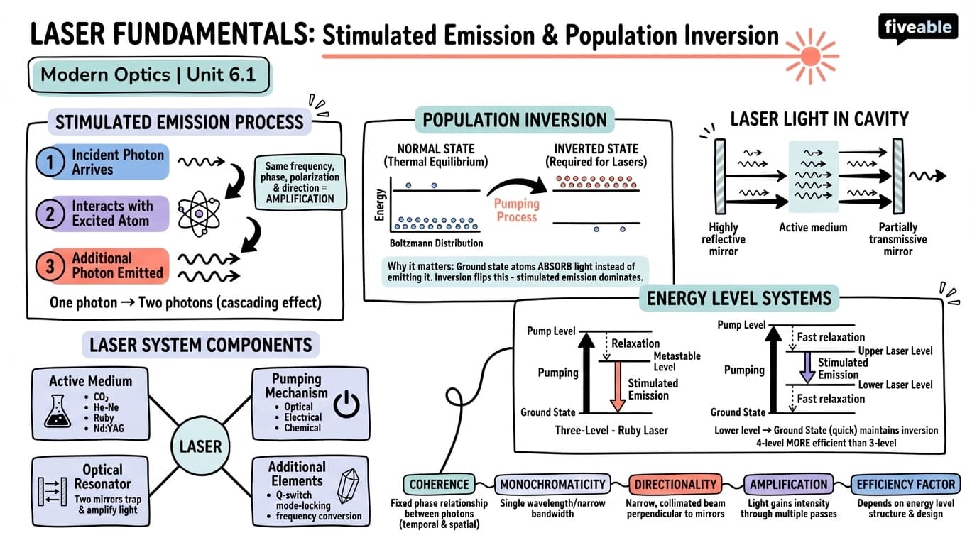 6.1 Fundamentals of laser operation: stimulated emission and population inversion - Modern Optics - Unit 6 visual cheatsheet