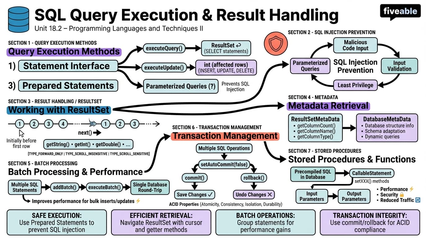 18.2 SQL Query Execution and Result Handling - Programming Languages and Techniques II - Unit 18 visual cheatsheet