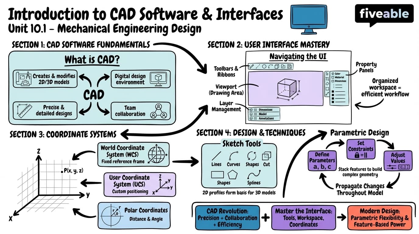 10.1 Introduction to CAD Software and Interfaces - Mechanical Engineering Design - Unit 10 visual cheatsheet