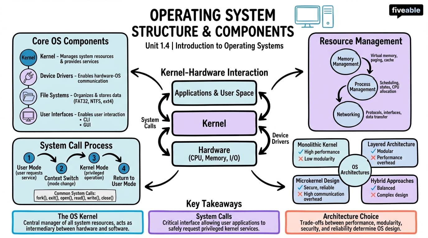 1.4 Operating system structure and components - Operating Systems - Unit 1 visual cheatsheet
