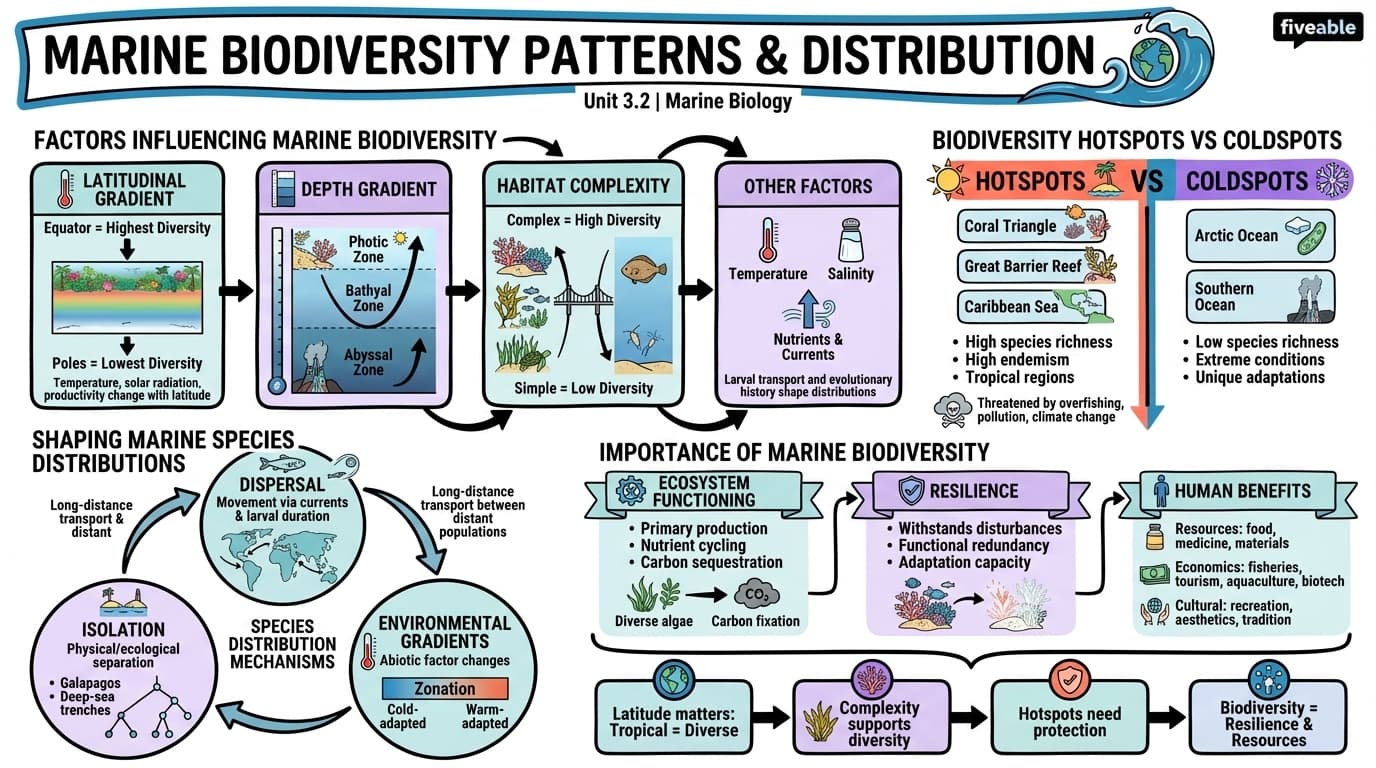 3.2 Marine biodiversity patterns and distribution - Marine Biology - Unit 3 visual cheatsheet