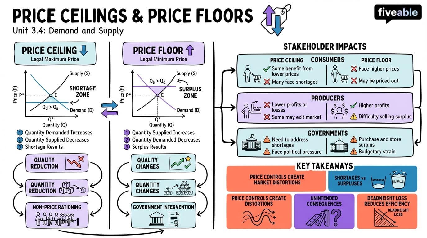 3.4 Price Ceilings and Price Floors - Principles of Economics - Unit 3 visual cheatsheet