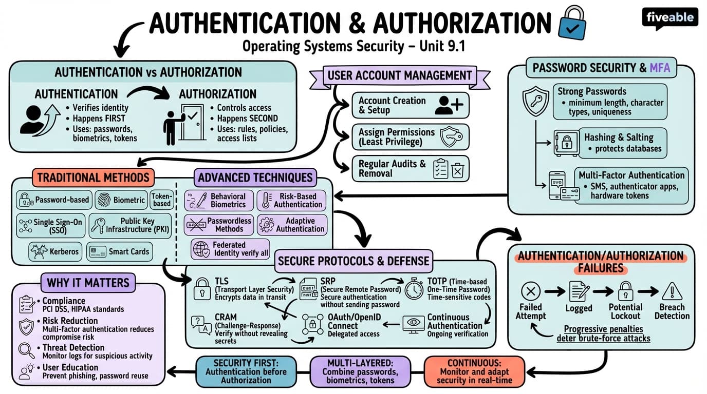 9.1 Authentication and authorization - Operating Systems - Unit 9 visual cheatsheet