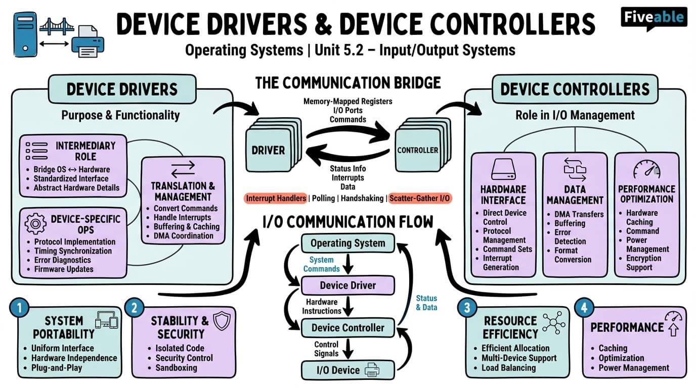 5.2 Device drivers and device controllers - Operating Systems - Unit 5 visual cheatsheet