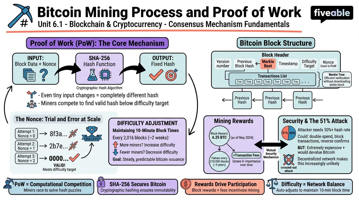 6.1 Bitcoin Mining Process and Proof of Work - Blockchain and Cryptocurrency - Unit 6 visual cheatsheet