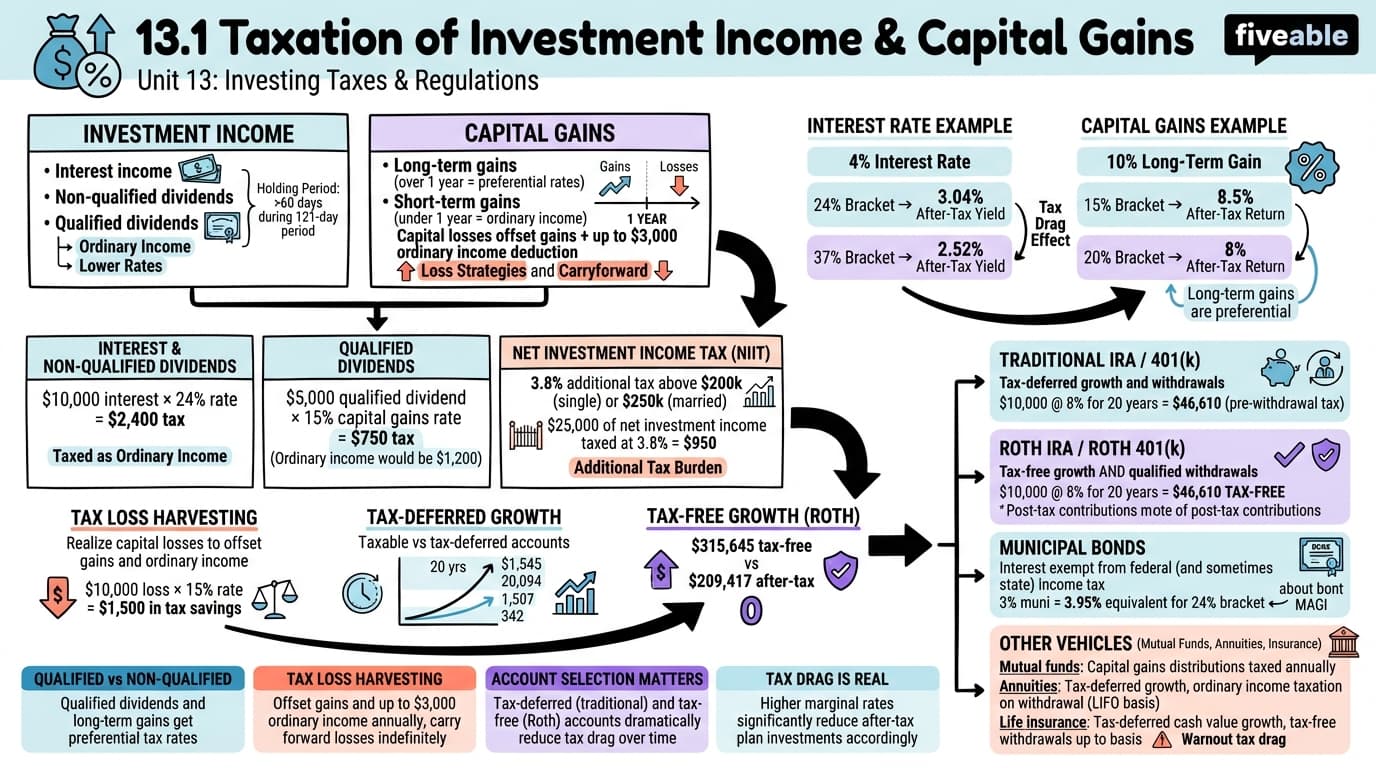 13.1 Taxation of Investment Income and Capital Gains - Intro to Investments - Unit 13 visual cheatsheet