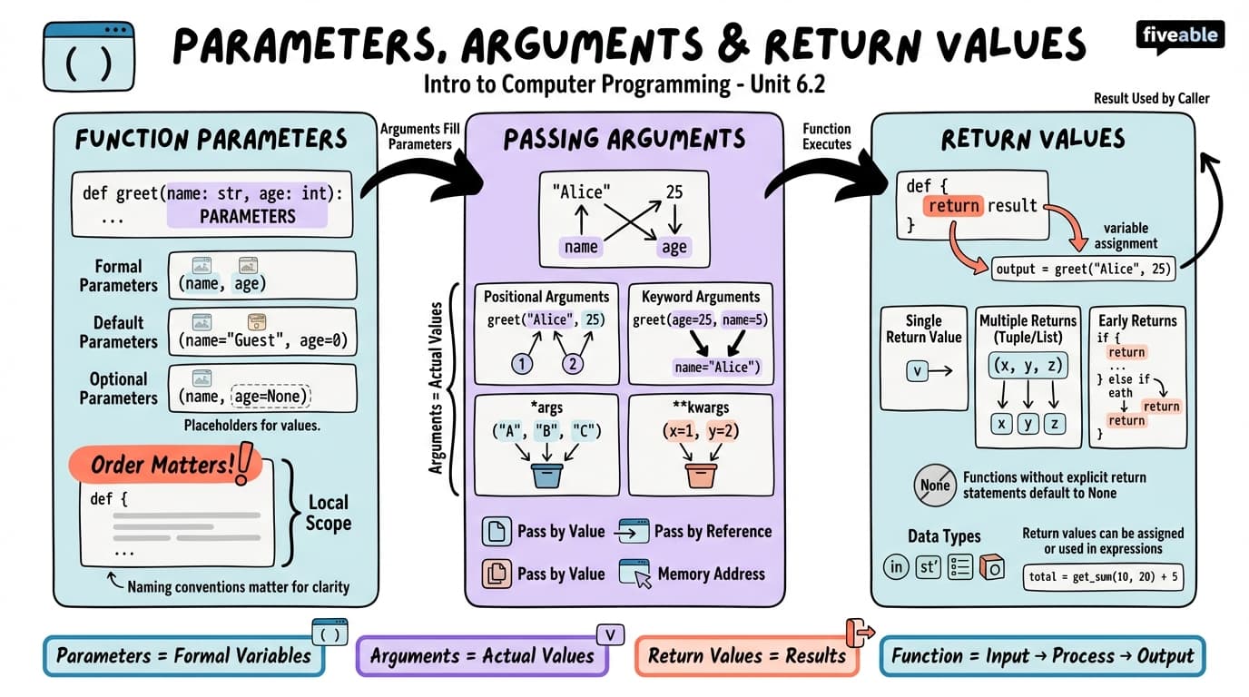 6.2 Parameters, Arguments, and Return Values - Intro to Computer Programming - Unit 6 visual cheatsheet