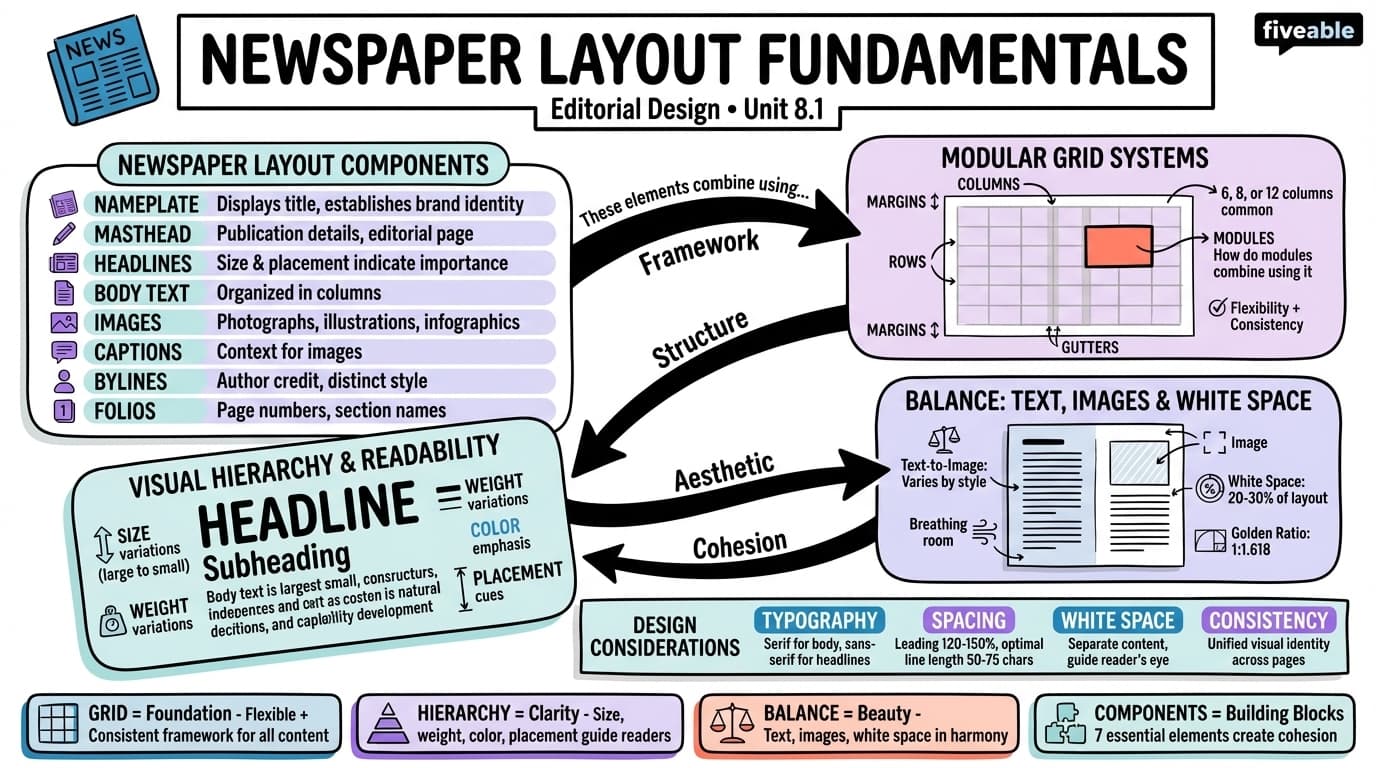 8.1 Newspaper Layout Fundamentals - Editorial Design - Unit 8 visual cheatsheet