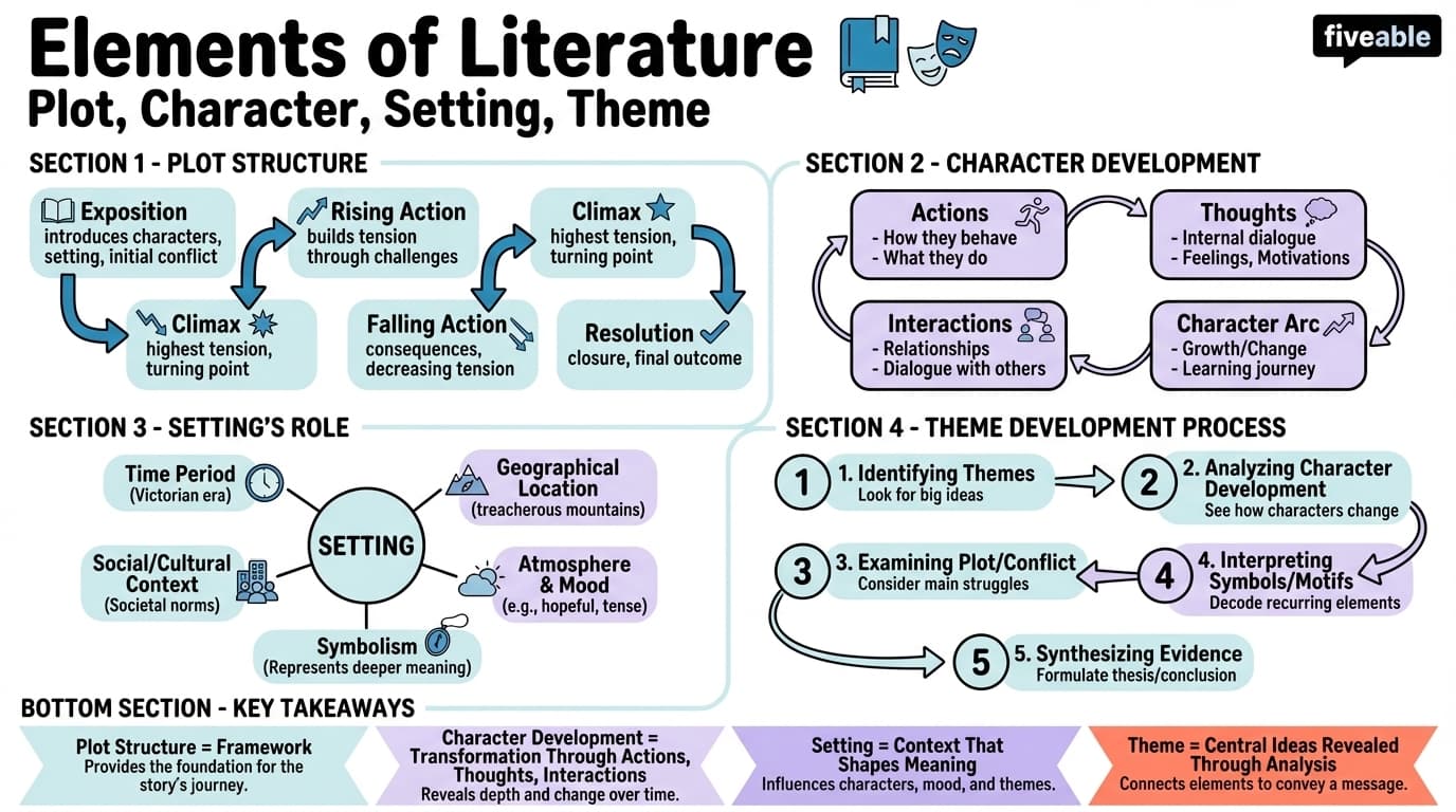 1.1 Elements of Literature: Plot, Character, Setting, Theme - English 9 - Unit 1 visual cheatsheet