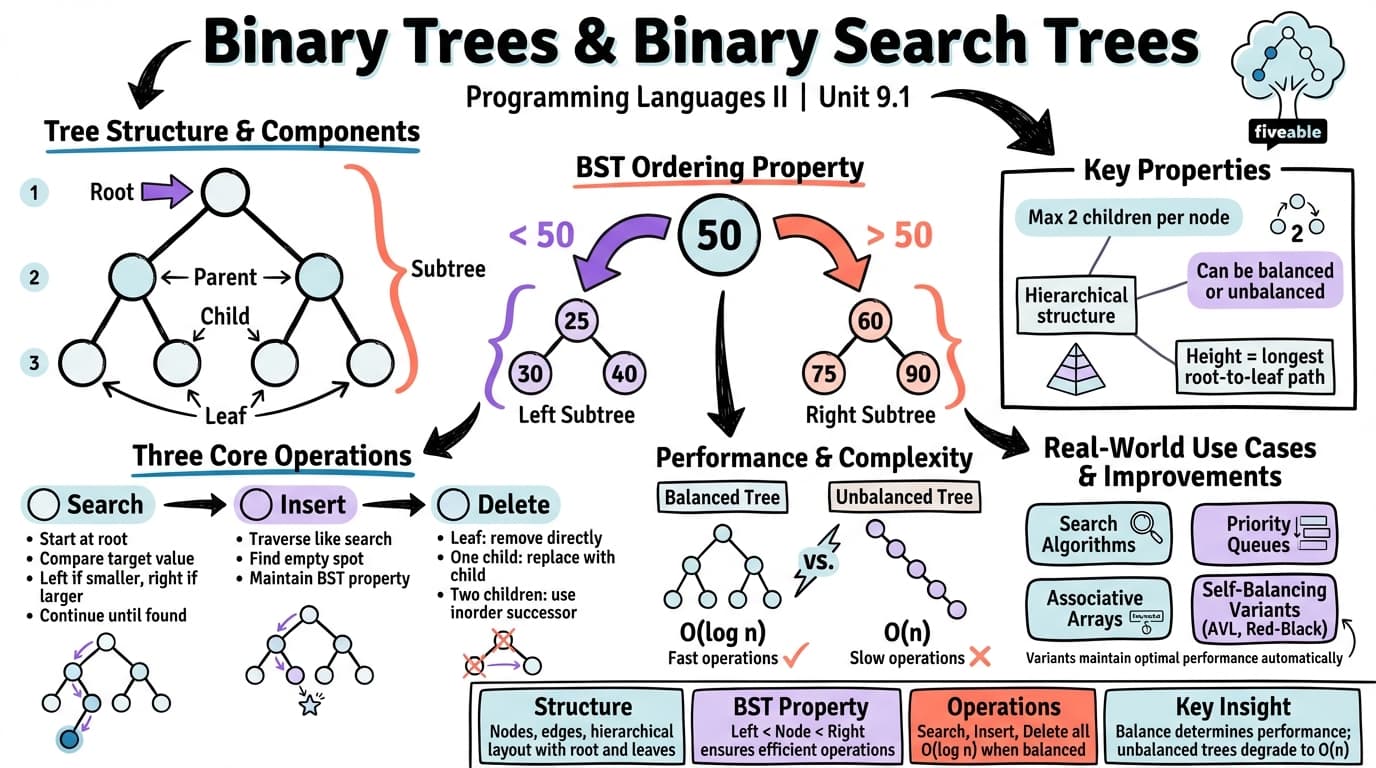 9.1 Binary Trees and Binary Search Trees - Programming Languages and Techniques II - Unit 9 visual cheatsheet