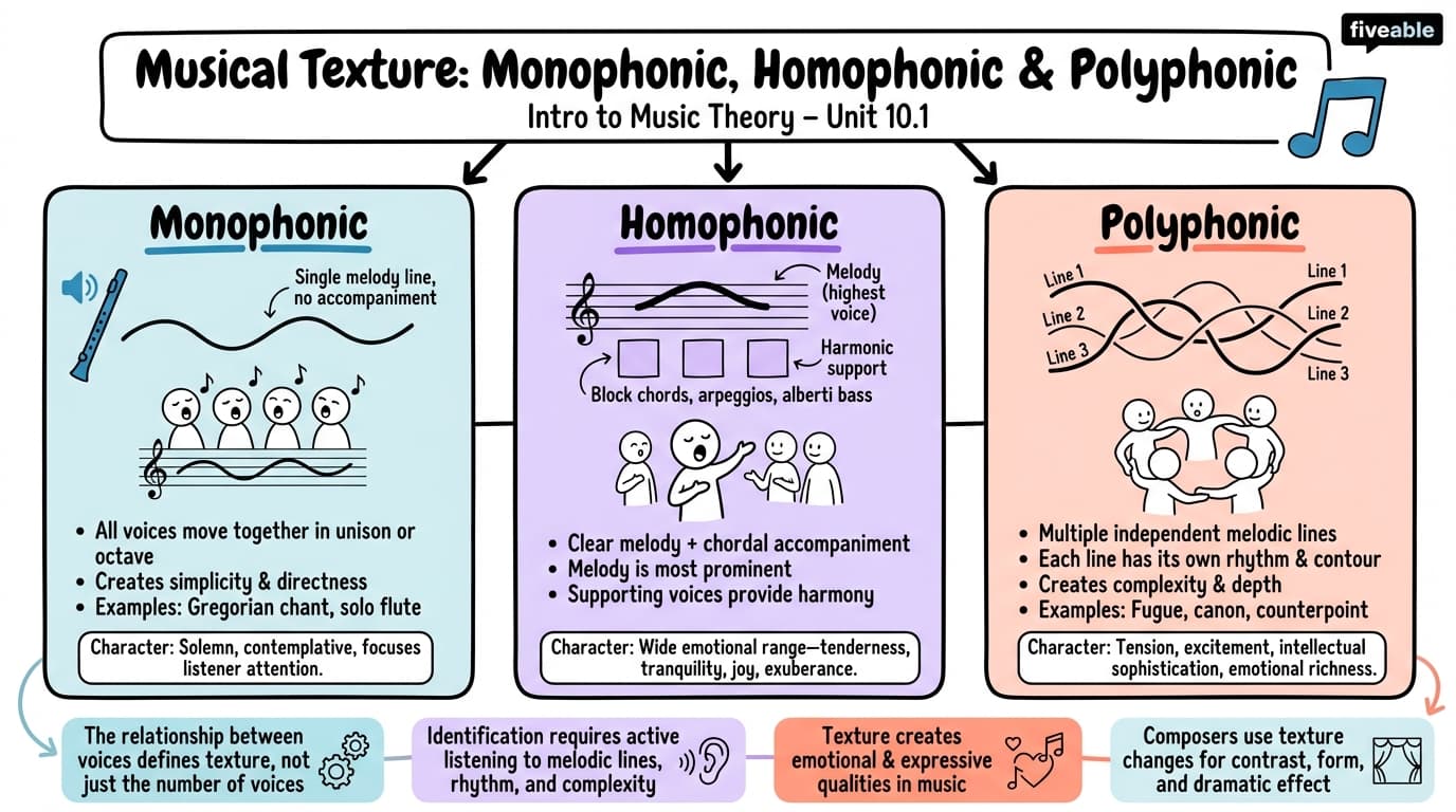 10.1 Monophonic, homophonic, and polyphonic textures - Intro to Music Theory - Unit 10 visual cheatsheet