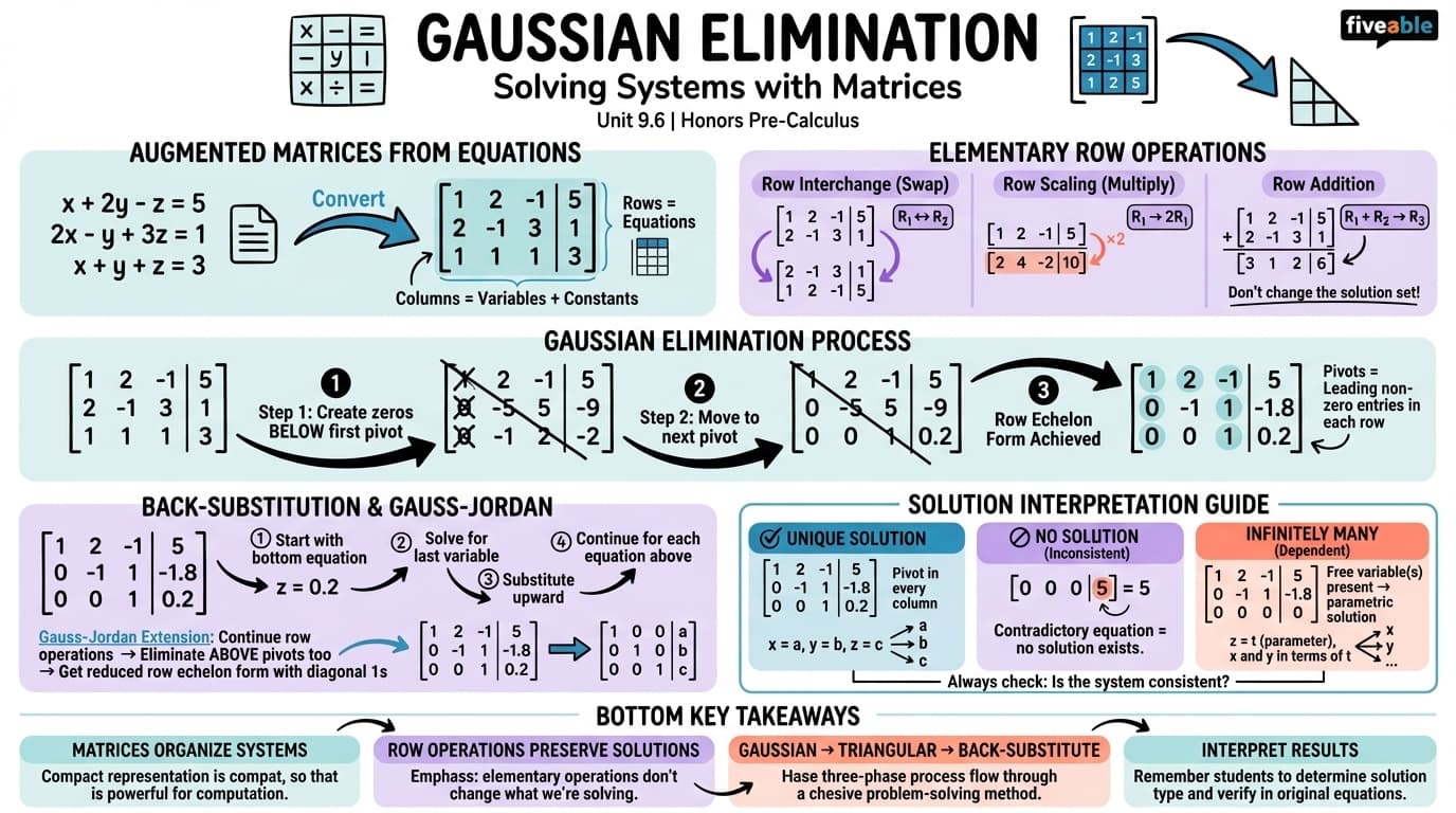 9.6 Solving Systems with Gaussian Elimination - Honors Pre-Calculus - Unit 9 visual cheatsheet
