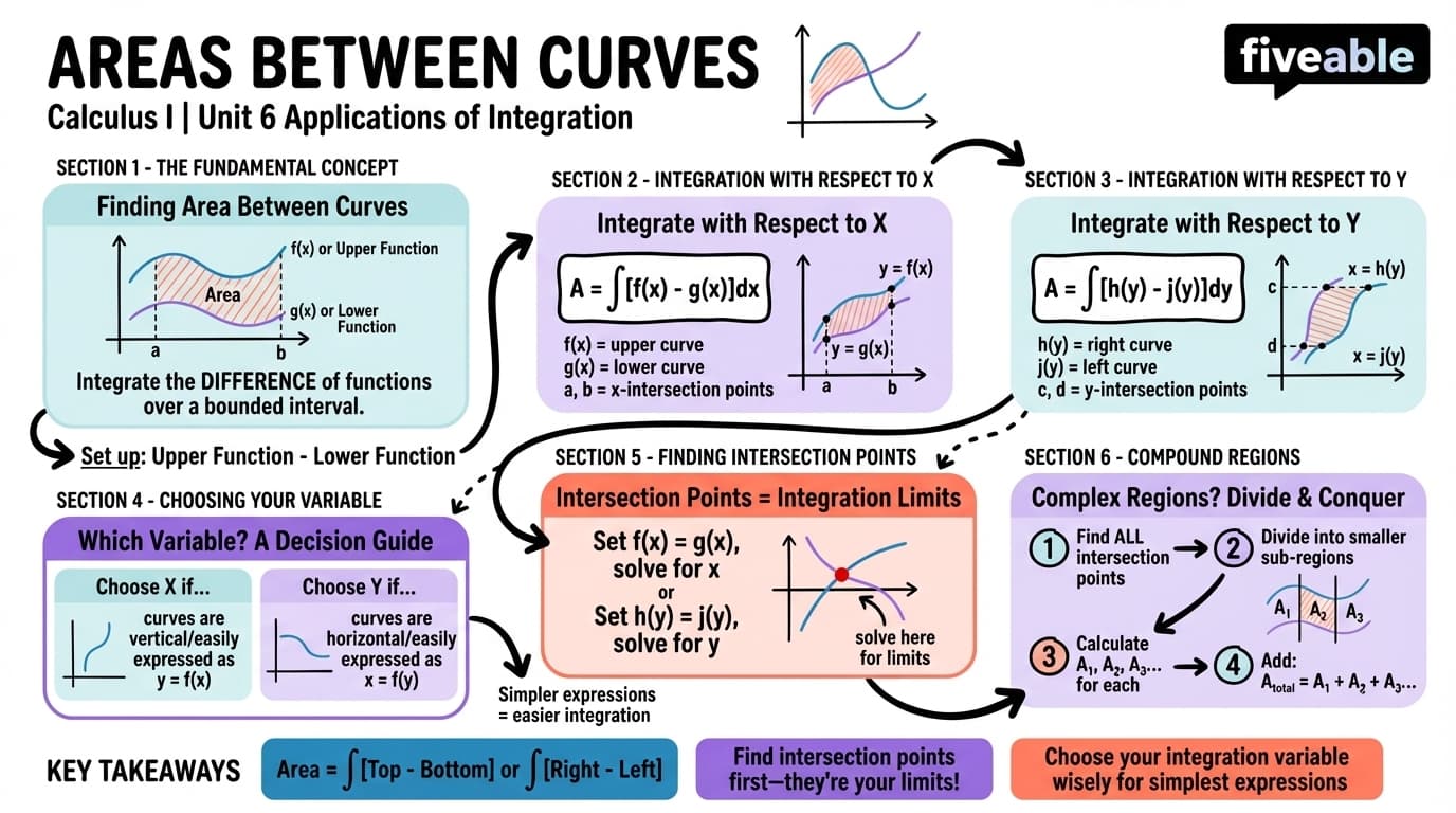6.1 Areas between Curves - Calculus I - Unit 6 visual cheatsheet