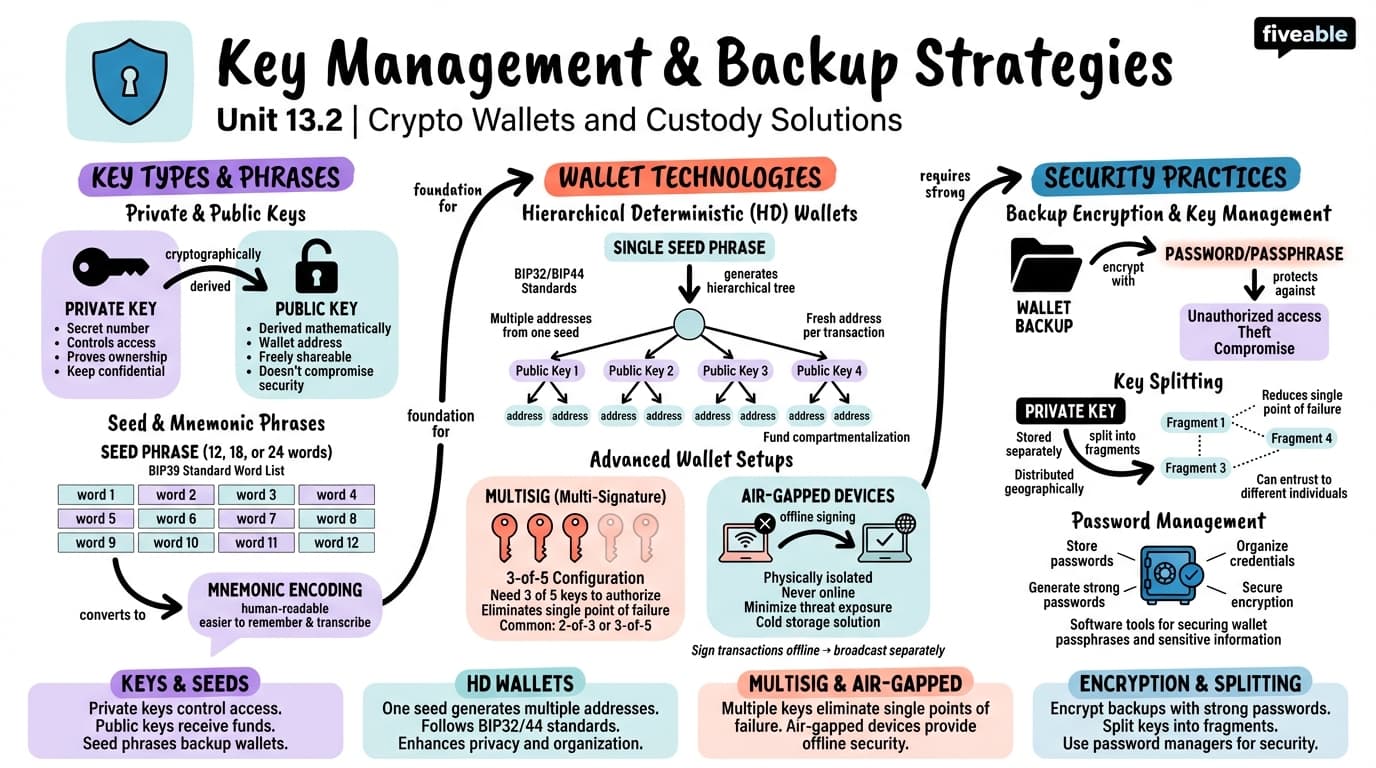 13.2 Key Management and Backup Strategies - Blockchain and Cryptocurrency - Unit 13 visual cheatsheet