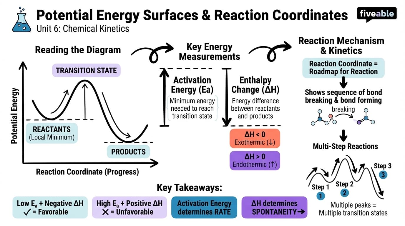 6.3 Potential energy surfaces and reaction coordinates - Chemical Kinetics - Unit 6 visual cheatsheet