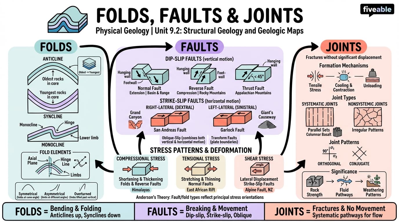 9.2 Folds, faults, and joints - Physical Geology - Unit 9 visual cheatsheet