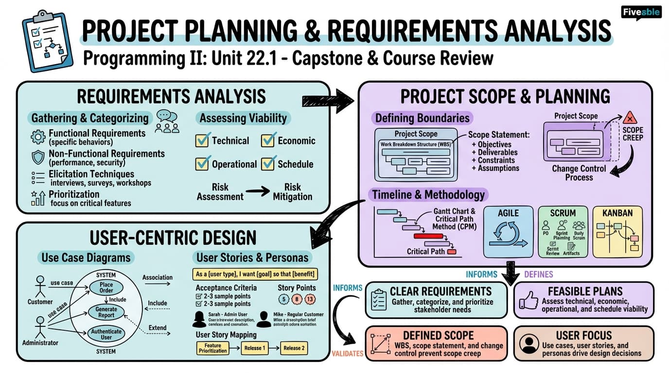 22.1 Project Planning and Requirements Analysis - Programming Languages and Techniques II - Unit 22 visual cheatsheet