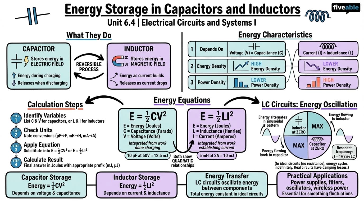 6.4 Energy Storage in Capacitors and Inductors - Electrical Circuits and Systems I - Unit 6 visual cheatsheet