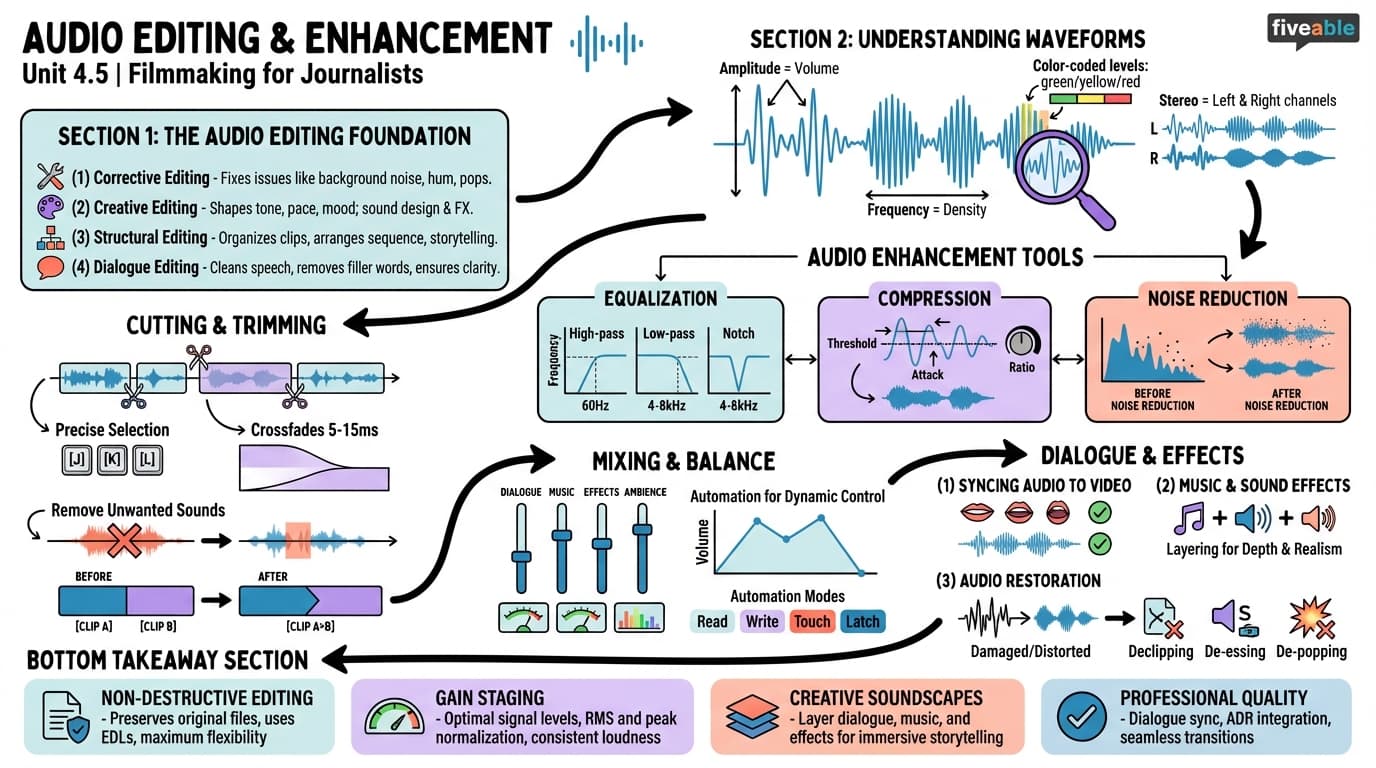 4.5 Audio editing and enhancement - Filmmaking for Journalists - Unit 4 visual cheatsheet