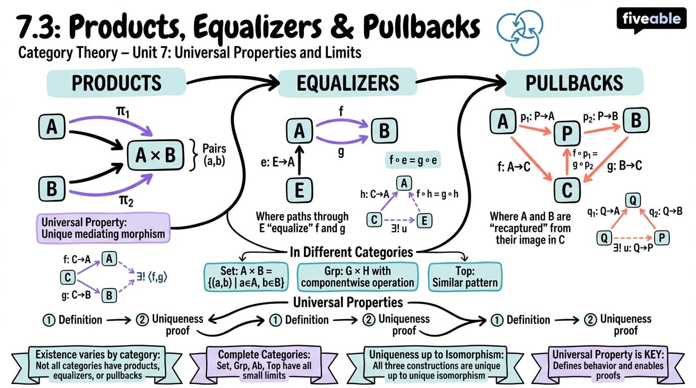 7.3 Products, equalizers, and pullbacks - Category Theory - Unit 7 visual cheatsheet