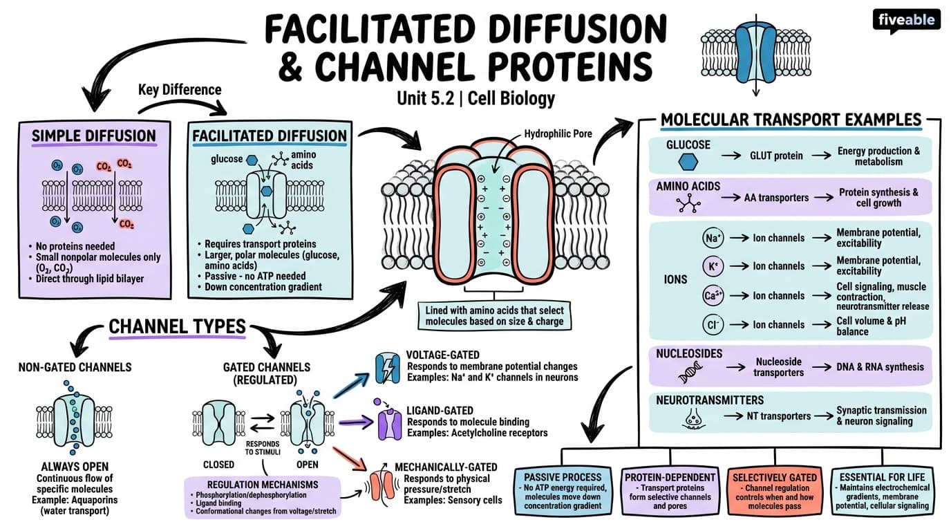 5.2 Facilitated diffusion and channel proteins - Cell Biology - Unit 5 visual cheatsheet