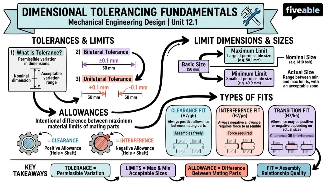 12.1 Dimensional Tolerancing Fundamentals - Mechanical Engineering Design - Unit 12 visual cheatsheet