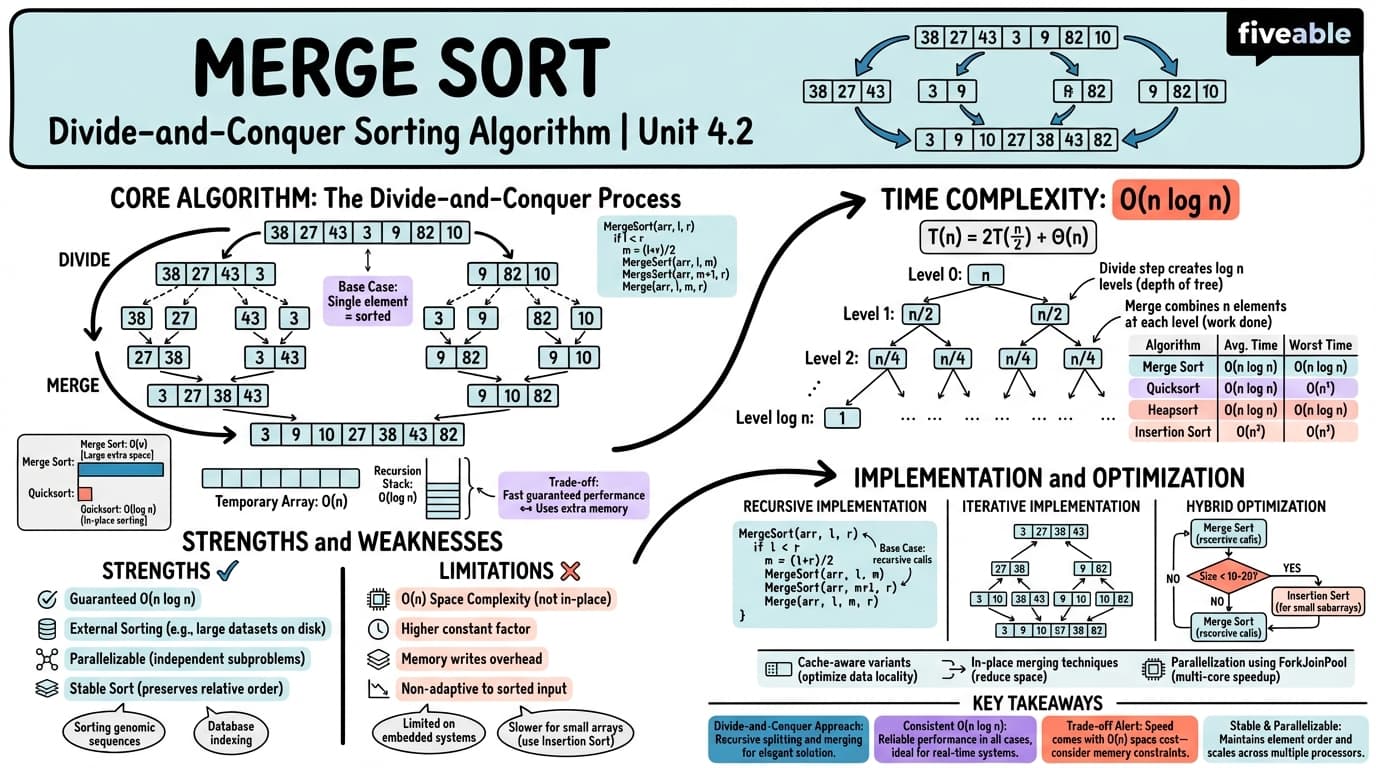 4.2 Merge Sort algorithm and analysis - Intro to Algorithms - Unit 4 visual cheatsheet