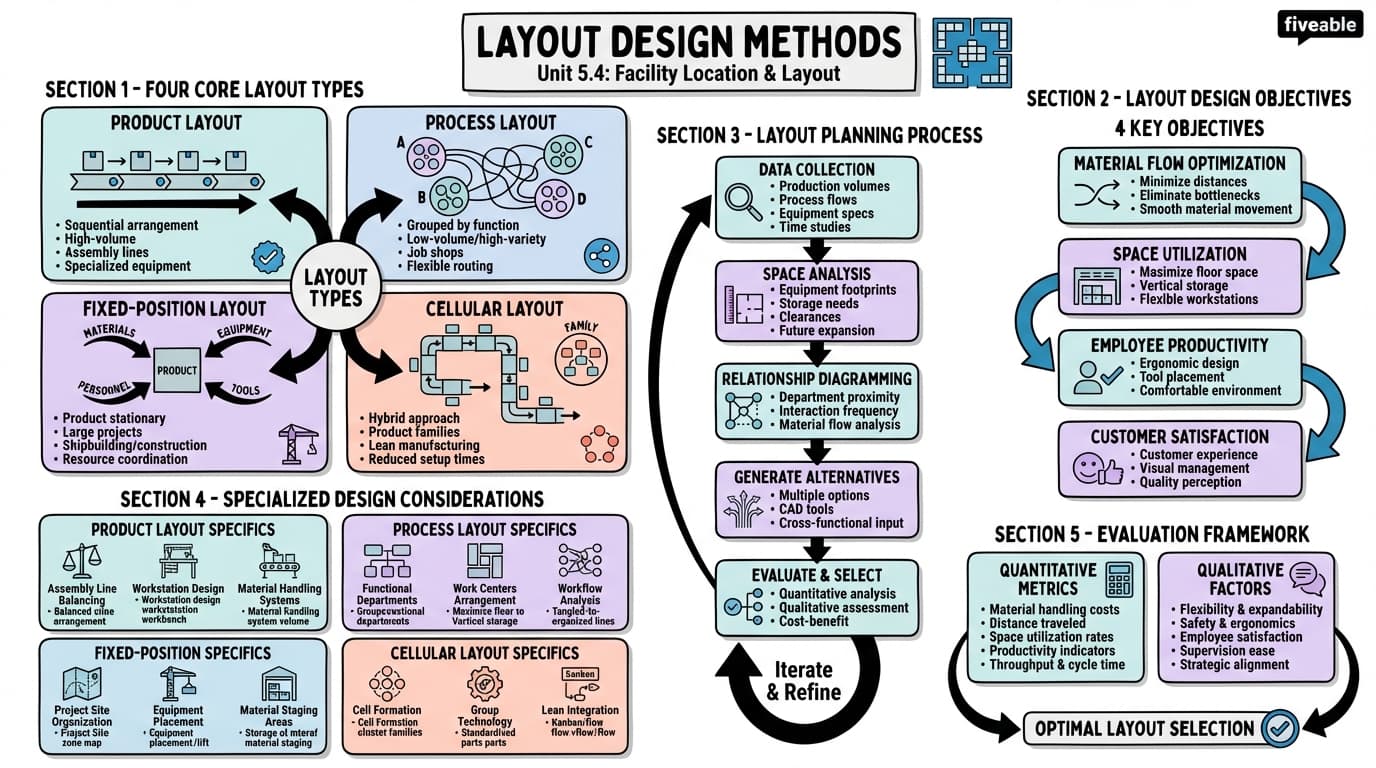 5.4 Layout design methods - Production and Operations Management - Unit 5 visual cheatsheet