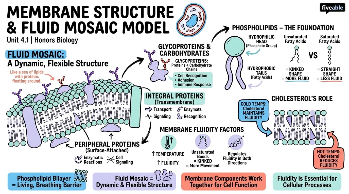 4.1 Membrane Structure and Fluid Mosaic Model - Honors Biology - Unit 4 visual cheatsheet
