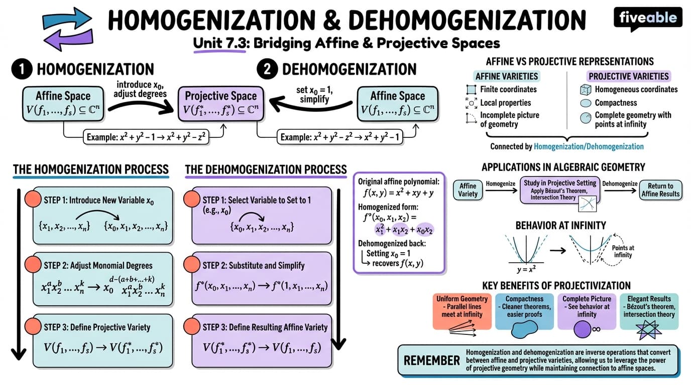7.3 Homogenization and dehomogenization - Computational Algebraic Geometry - Unit 7 visual cheatsheet
