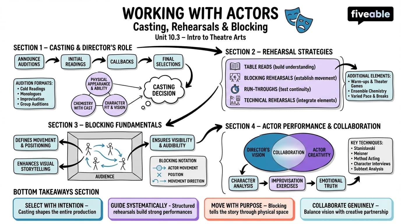 10.3 Working with Actors: Casting, Rehearsals, and Blocking - Intro to Theatre Arts - Unit 10 visual cheatsheet