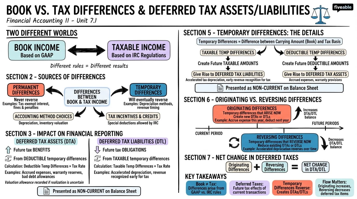7.1 Book vs. Tax Differences and Deferred Tax Assets/Liabilities - Financial Accounting II - Unit 7 visual cheatsheet