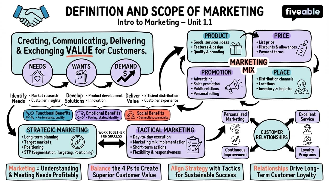 1.1 Definition and Scope of Marketing - Intro to Marketing - Unit 1 visual cheatsheet
