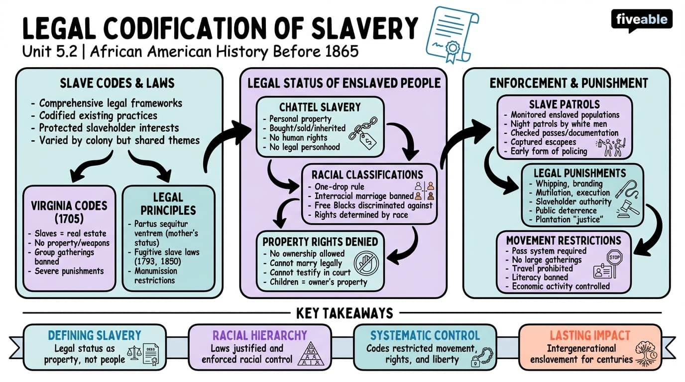 5.2 Legal Codification of Slavery - African American History – Before 1865 - Unit 5 visual cheatsheet
