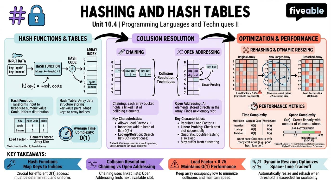 10.4 Hashing and Hash Tables - Programming Languages and Techniques II - Unit 10 visual cheatsheet