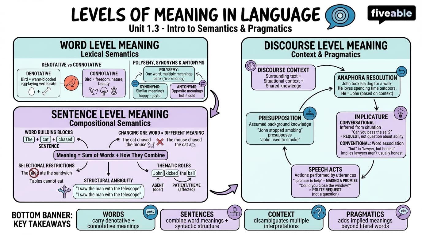 1.3 Levels of meaning: word, sentence, and discourse - Intro to Semantics and Pragmatics - Unit 1 visual cheatsheet