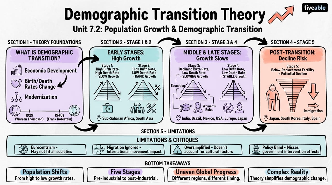 7.2 Demographic transition theory and its stages - Population and Society - Unit 7 visual cheatsheet