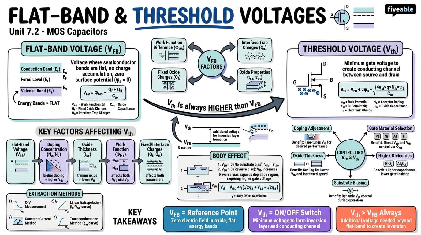 7.2 Flat-band voltage and threshold voltage - Semiconductor Physics - Unit 7 visual cheatsheet
