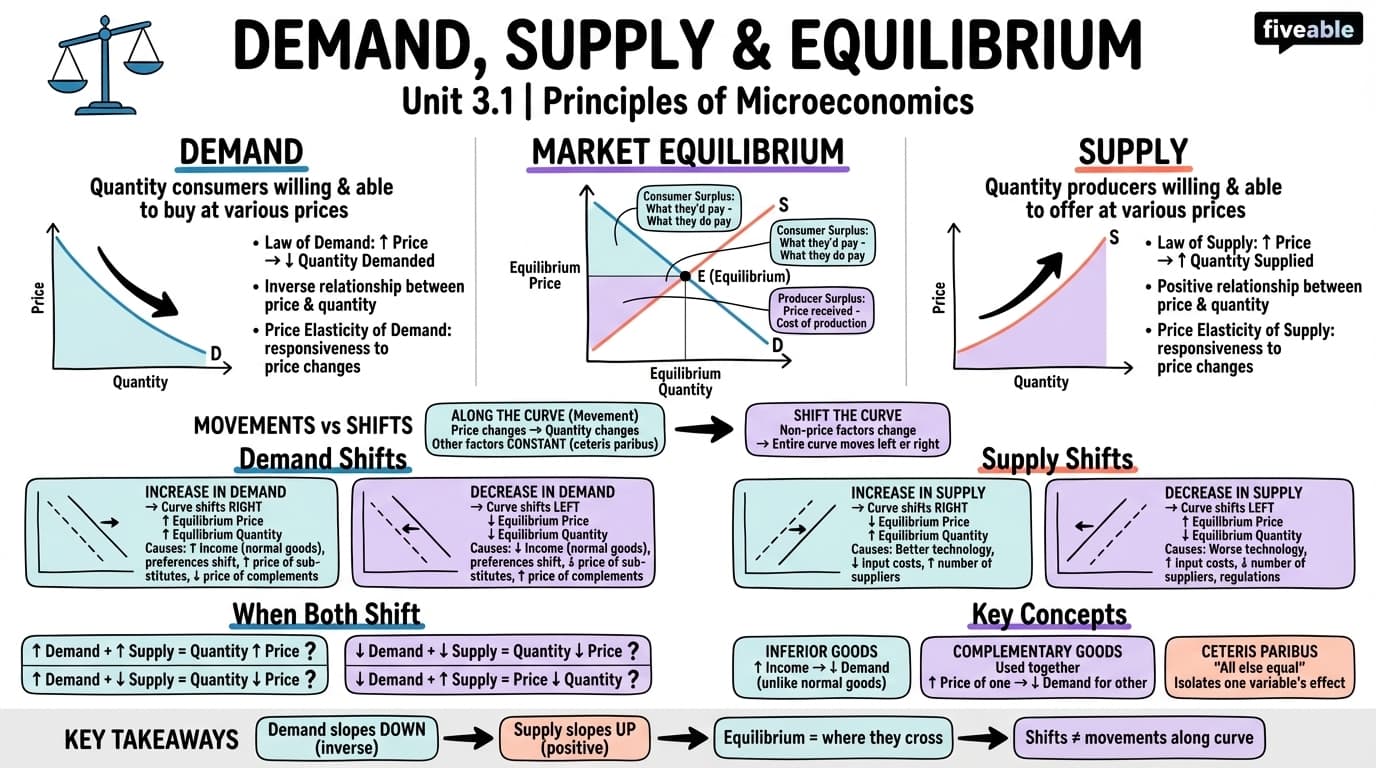 3.1 Demand, Supply, and Equilibrium in Markets for Goods and Services - Principles of Microeconomics - Unit 3 visual cheatsheet