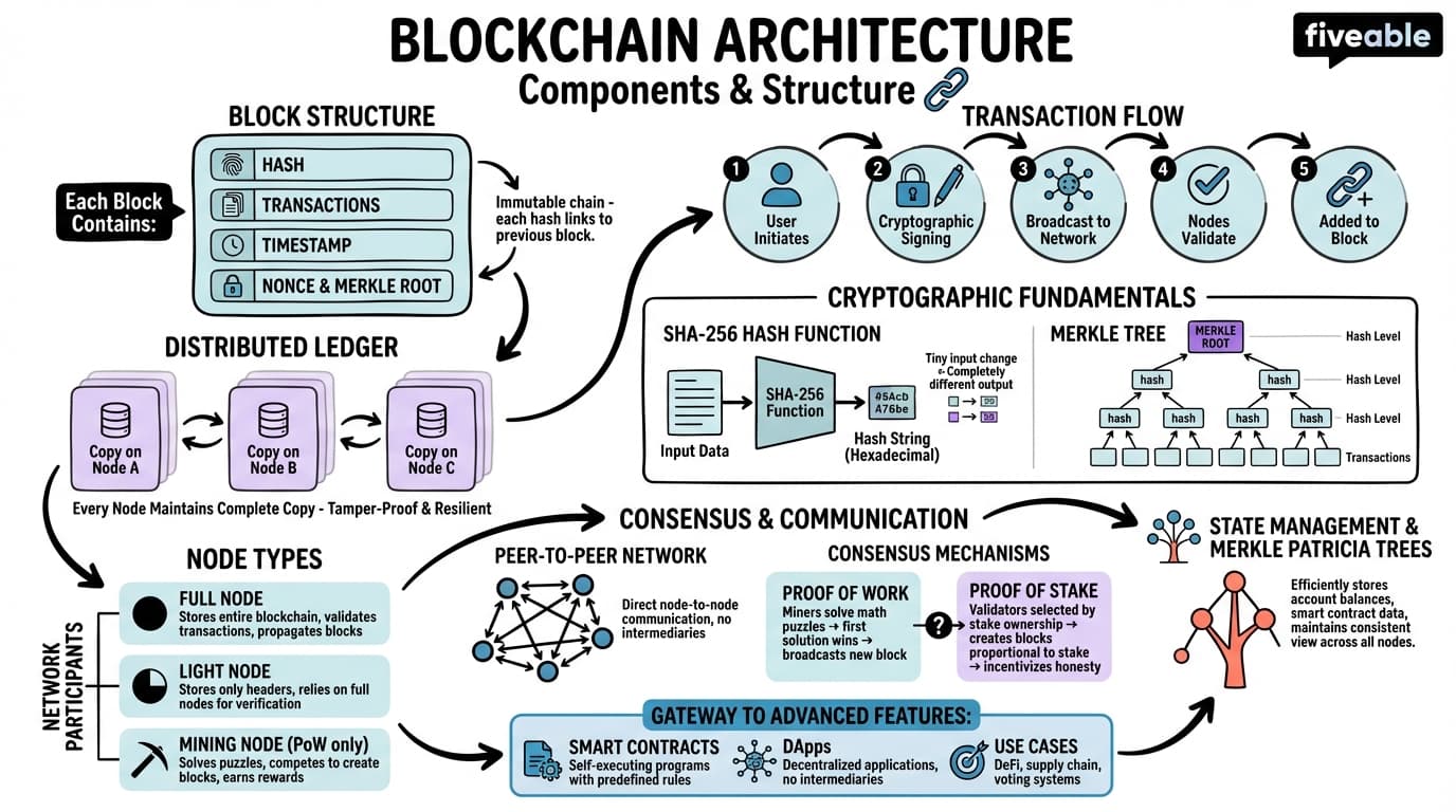 4.1 Components of Blockchain Architecture - Blockchain and Cryptocurrency - Unit 4 visual cheatsheet