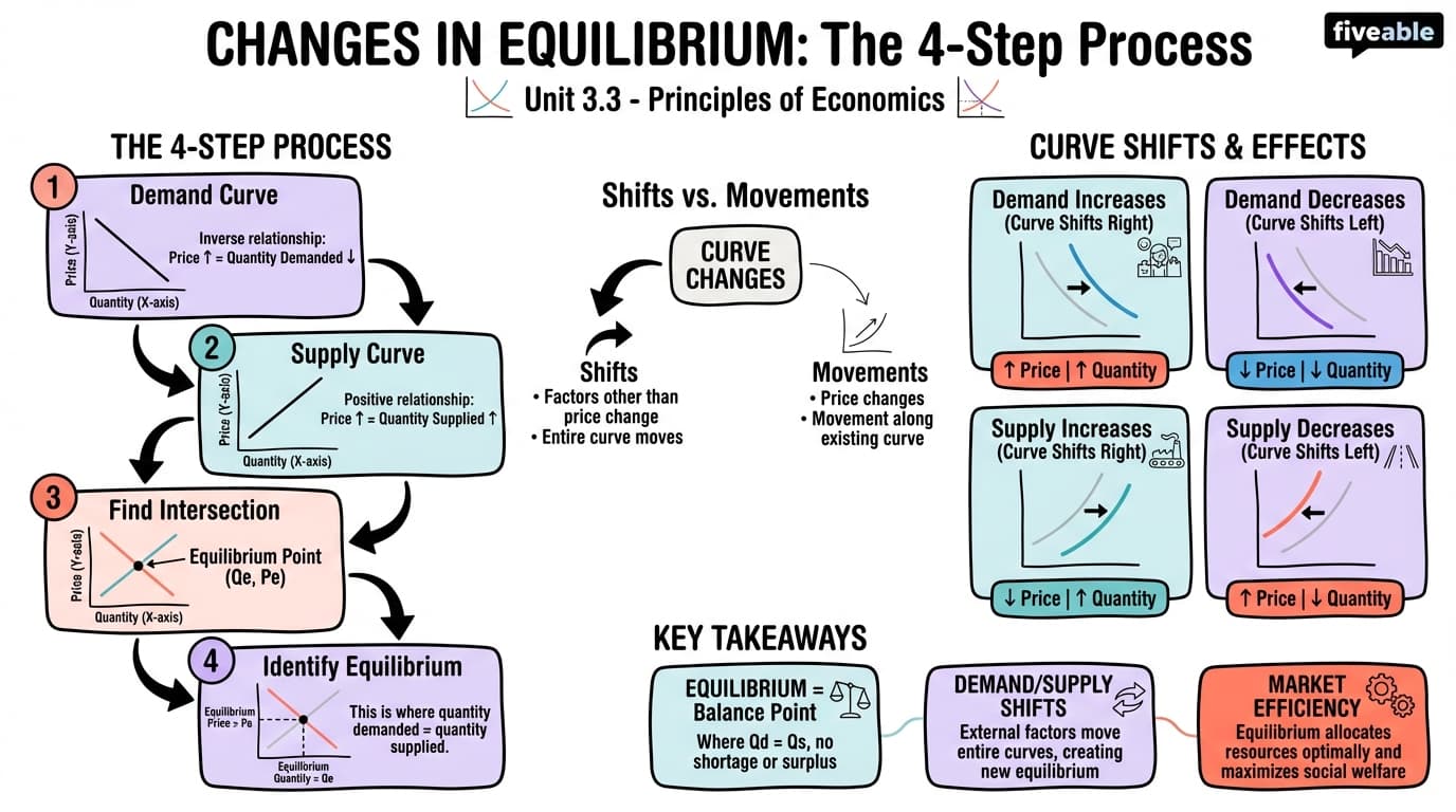 3.3 Changes in Equilibrium Price and Quantity: The Four-Step Process - Principles of Economics - Unit 3 visual cheatsheet