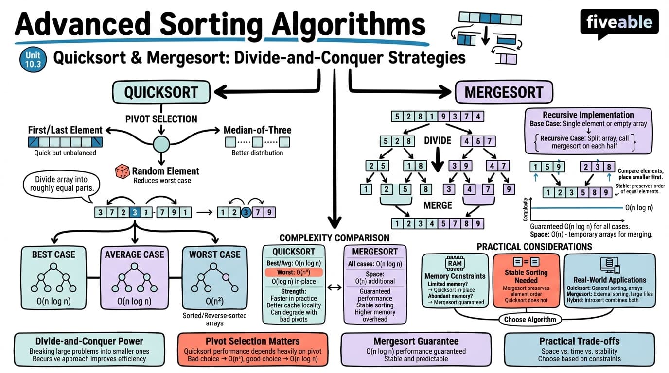 10.3 Advanced Sorting Algorithms (Quicksort, Mergesort) - Programming Languages and Techniques II - Unit 10 visual cheatsheet